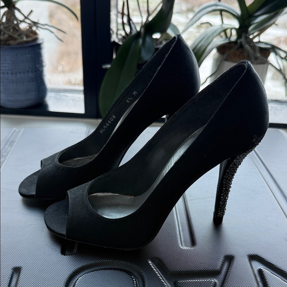 Stuart Weitzman Black Peep-Toe Heels with Sparkling Heel